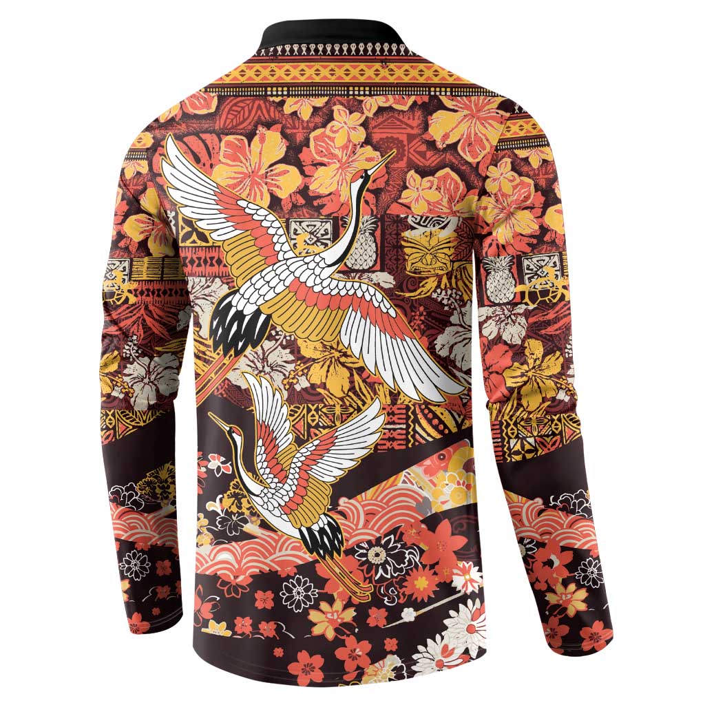 Japanese Hawaiian Crane Button Sweatshirt Yellow Ochre Tapa Patchwork Pattern LT9 - Polynesian Pride