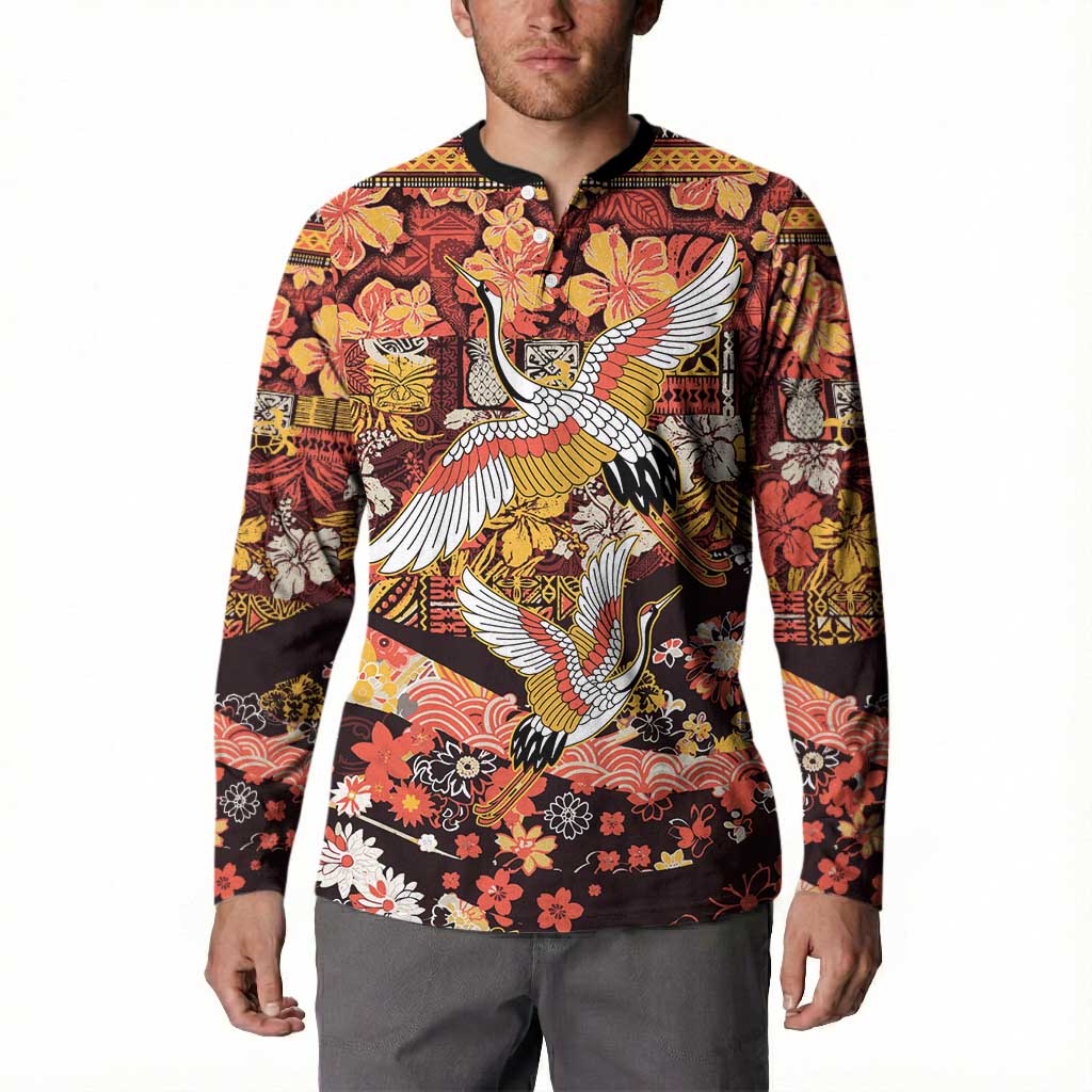 Japanese Hawaiian Crane Button Sweatshirt Yellow Ochre Tapa Patchwork Pattern LT9 - Polynesian Pride