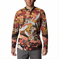 Japanese Hawaiian Crane Button Sweatshirt Yellow Ochre Tapa Patchwork Pattern LT9 - Polynesian Pride