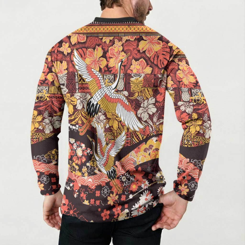 Japanese Hawaiian Crane Button Sweatshirt Yellow Ochre Tapa Patchwork Pattern LT9 - Polynesian Pride