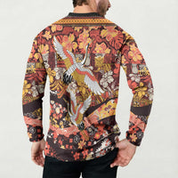 Japanese Hawaiian Crane Button Sweatshirt Yellow Ochre Tapa Patchwork Pattern LT9 - Polynesian Pride