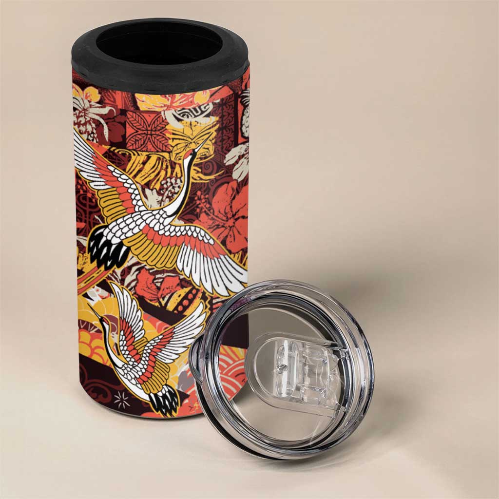 Japanese Hawaiian Crane 4 in 1 Can Cooler Tumbler Yellow Ochre Tapa Patchwork Pattern LT9 - Polynesian Pride