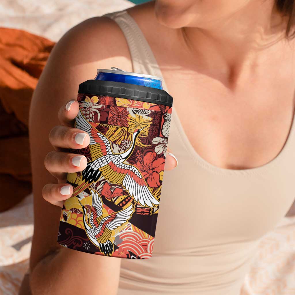 Japanese Hawaiian Crane 4 in 1 Can Cooler Tumbler Yellow Ochre Tapa Patchwork Pattern LT9 - Polynesian Pride