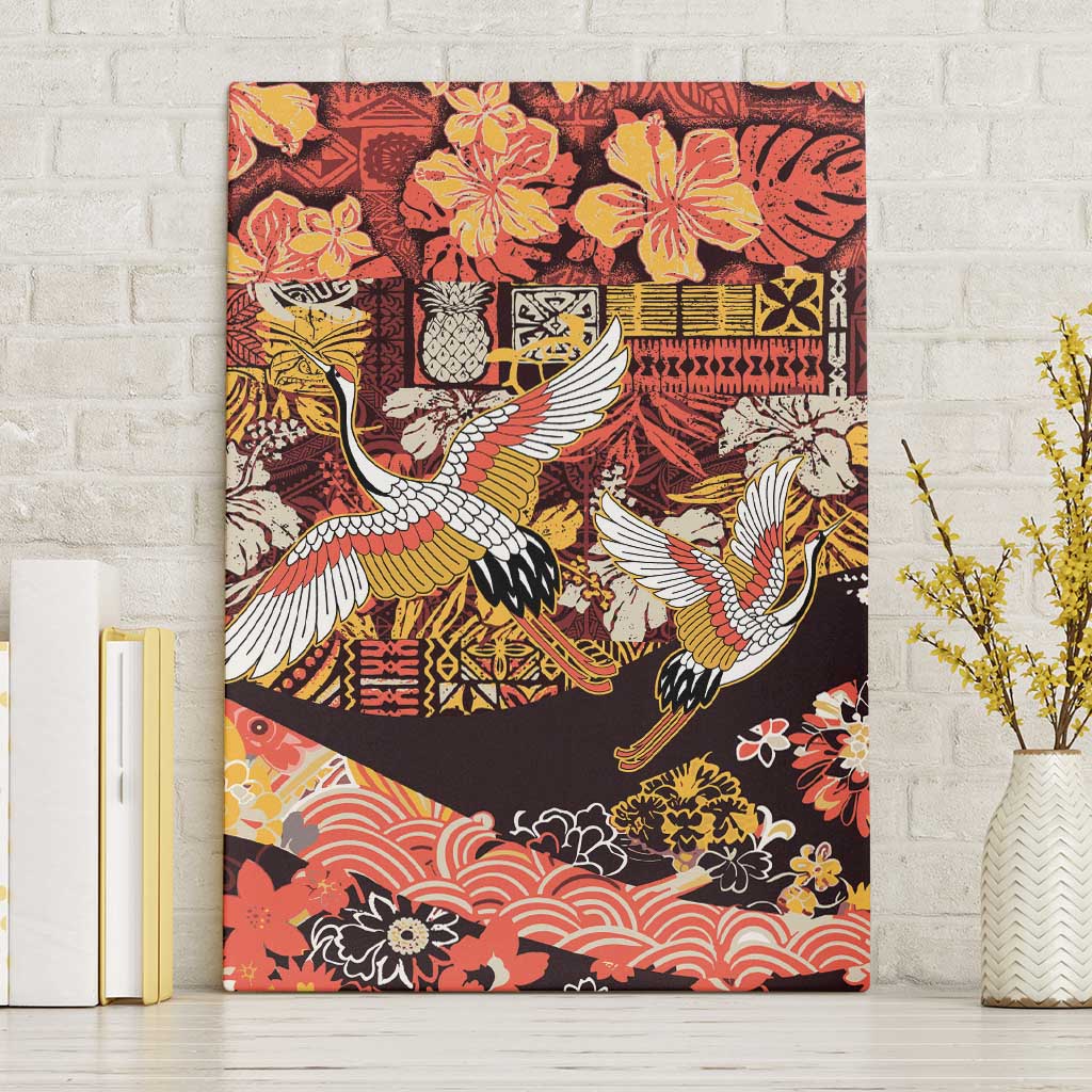 Japanese Hawaiian Crane Canvas Wall Art Yellow Ochre Tapa Patchwork Pattern