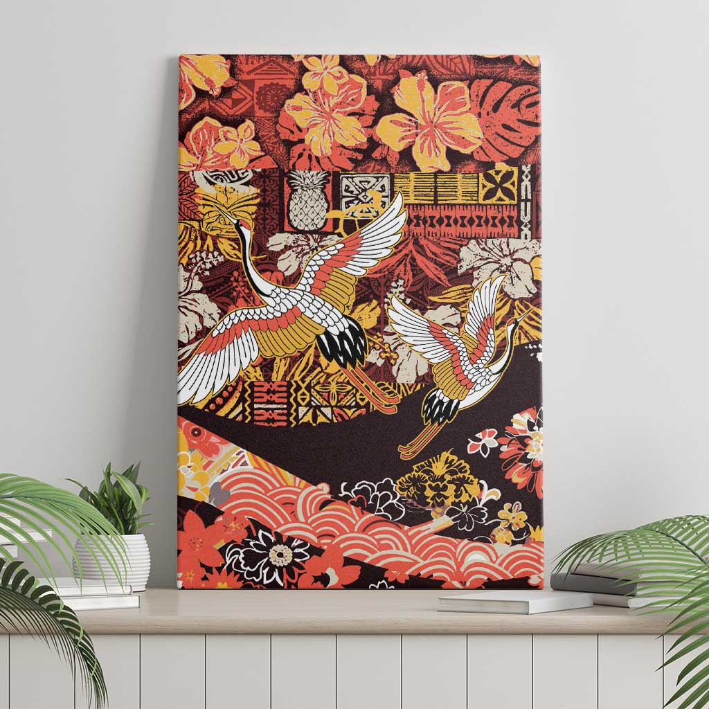 Japanese Hawaiian Crane Canvas Wall Art Yellow Ochre Tapa Patchwork Pattern