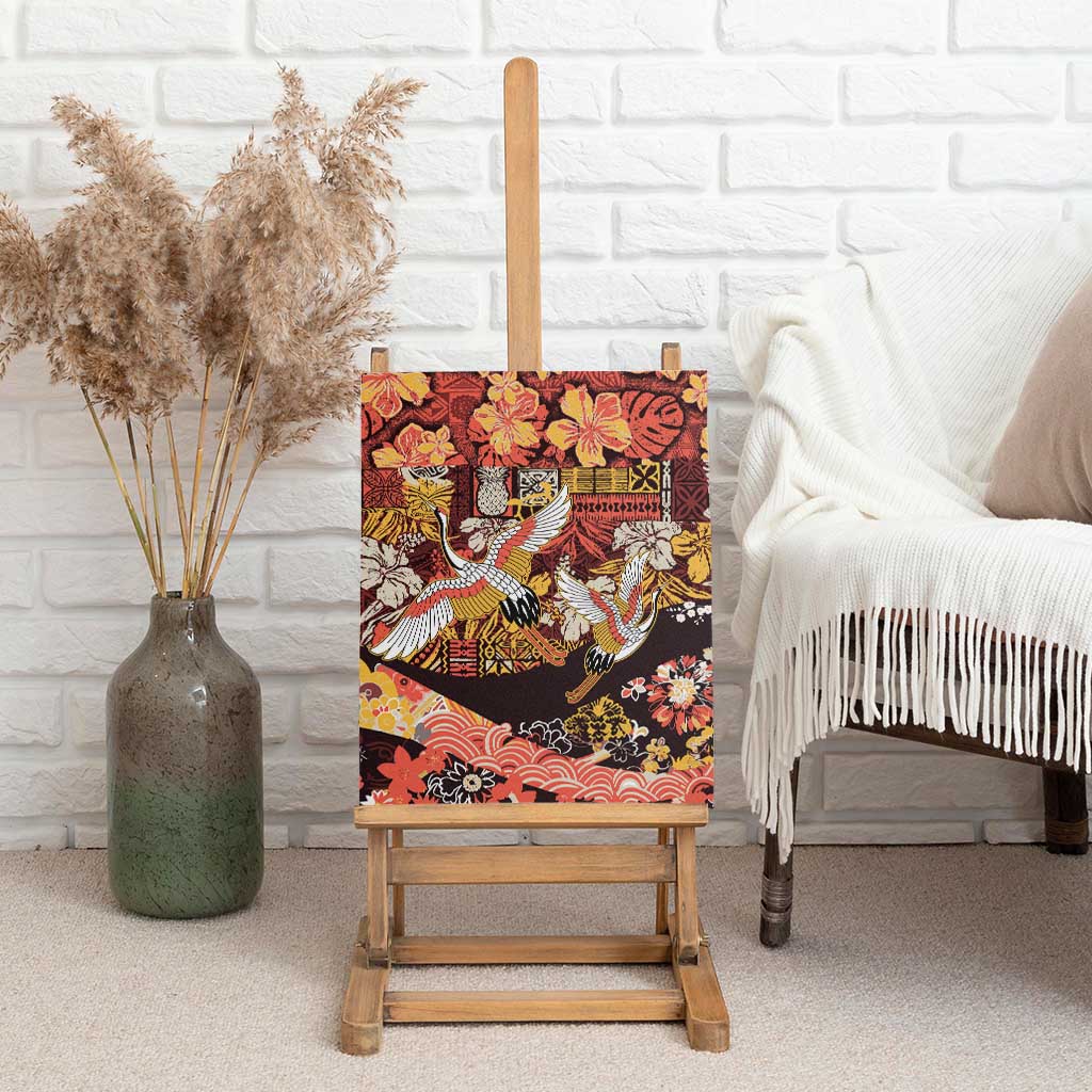 Japanese Hawaiian Crane Canvas Wall Art Yellow Ochre Tapa Patchwork Pattern