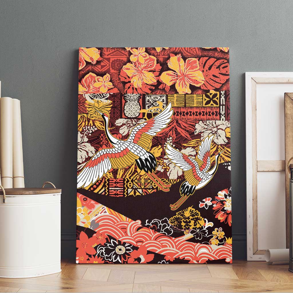 Japanese Hawaiian Crane Canvas Wall Art Yellow Ochre Tapa Patchwork Pattern