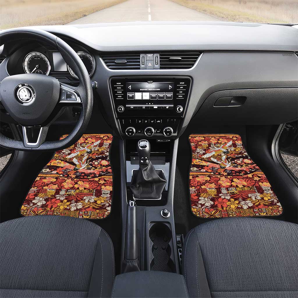 Japanese Hawaiian Crane Car Mats Yellow Ochre Tapa Patchwork Pattern LT9 Set 2pcs - Front Yellow - Polynesian Pride