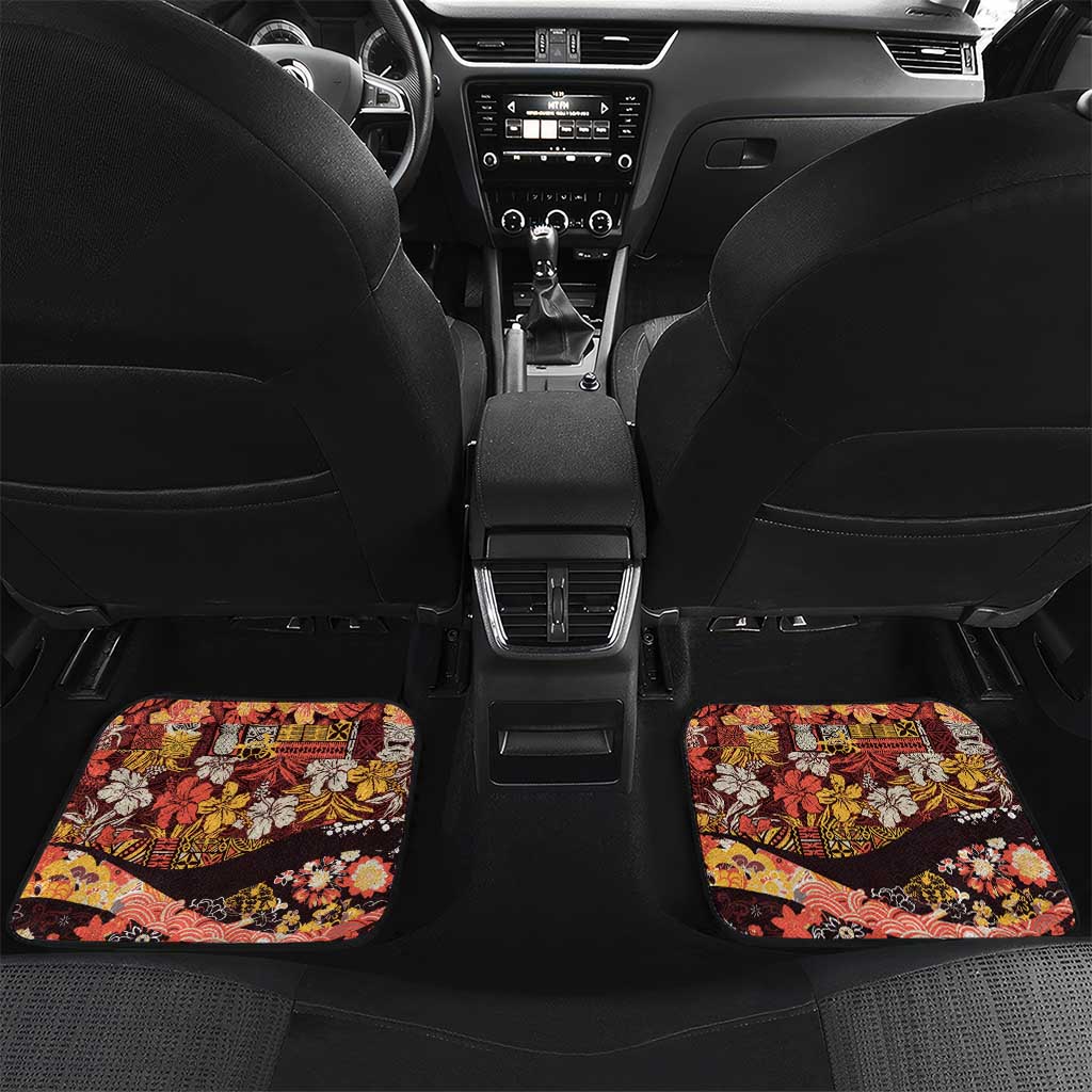 Japanese Hawaiian Crane Car Mats Yellow Ochre Tapa Patchwork Pattern LT9 Set 2pcs - Back Yellow - Polynesian Pride