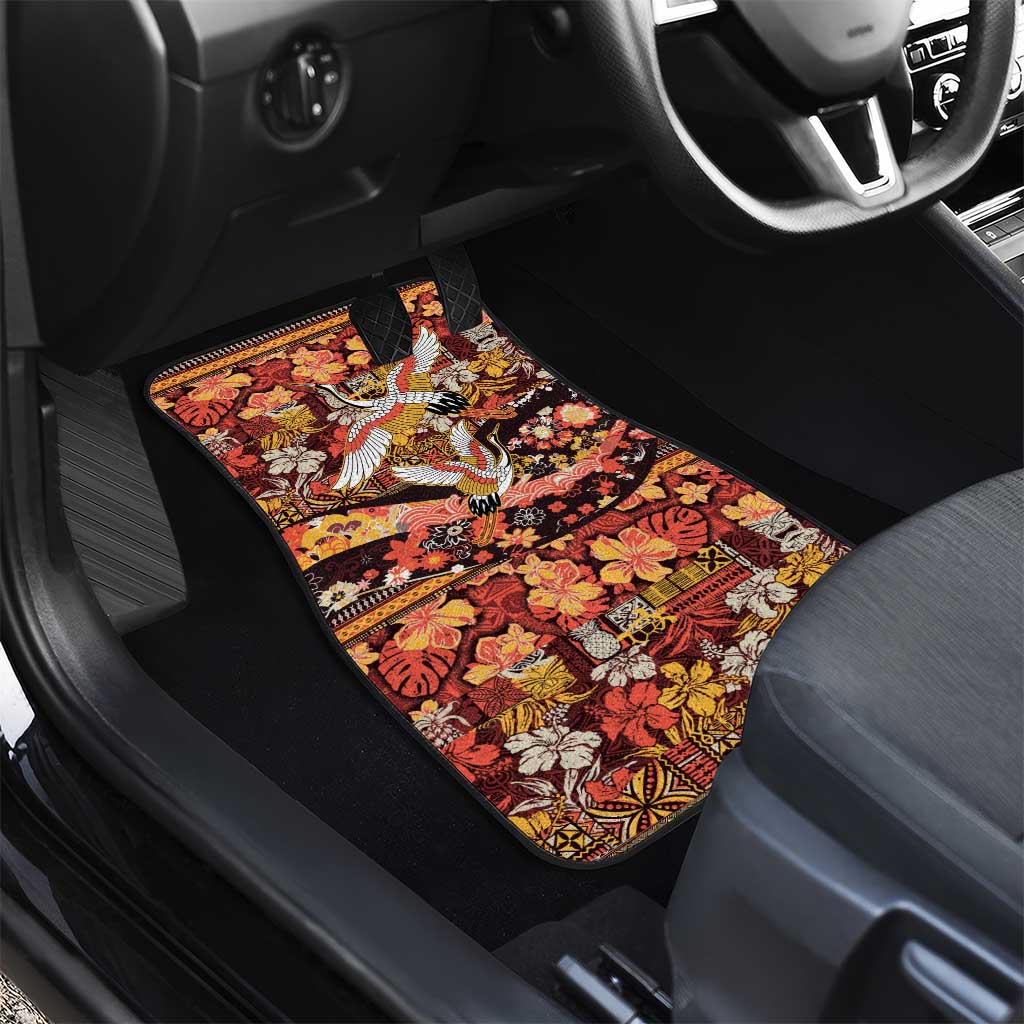 Japanese Hawaiian Crane Car Mats Yellow Ochre Tapa Patchwork Pattern LT9 - Polynesian Pride