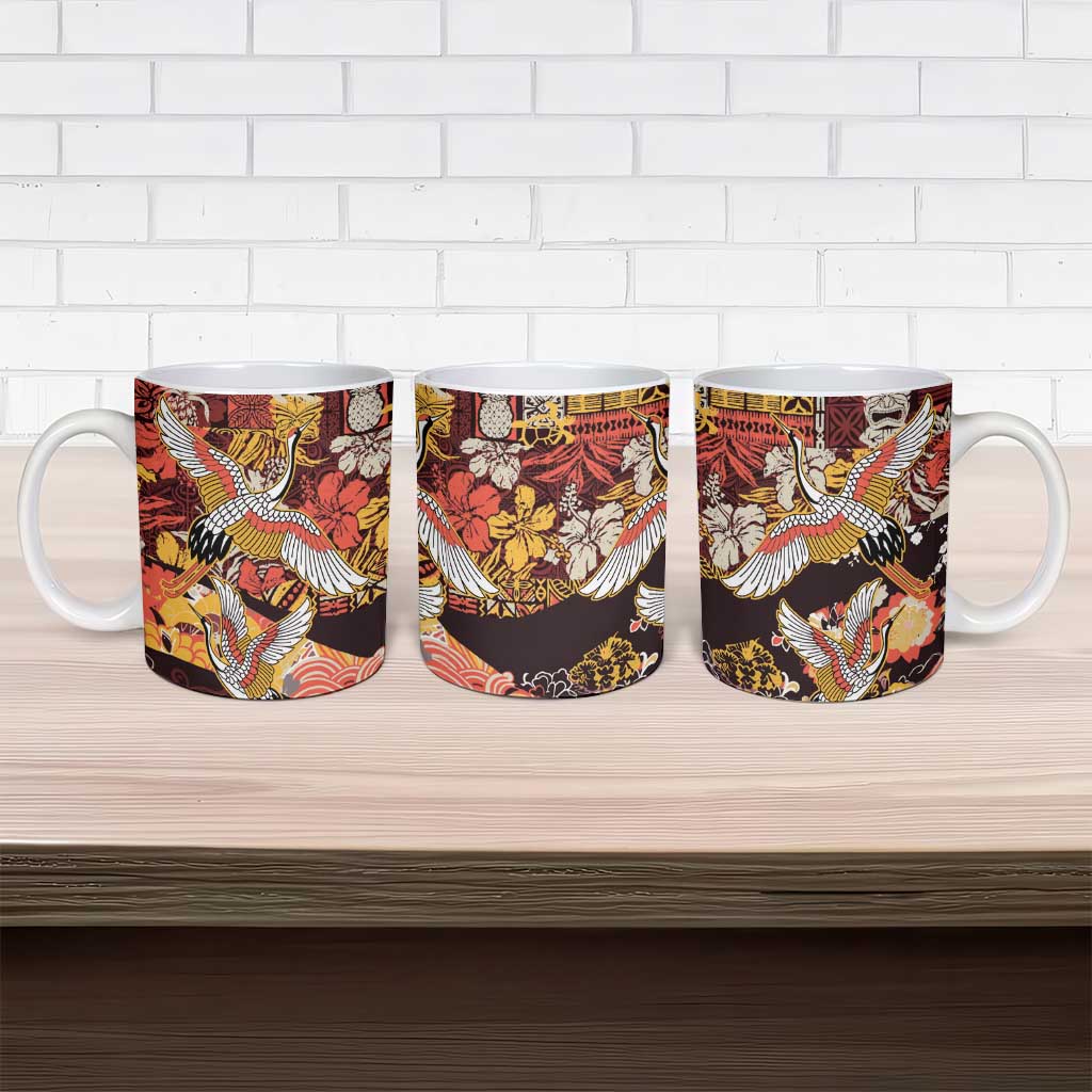 Japanese Hawaiian Crane Ceramic Mug Yellow Ochre Tapa Patchwork Pattern LT9 - Polynesian Pride