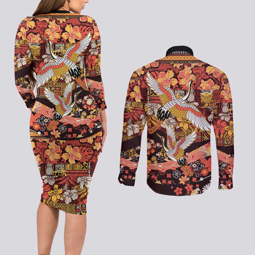 Japanese Hawaiian Crane Couples Matching Long Sleeve Bodycon Dress and Long Sleeve Button Shirt Yellow Ochre Tapa Patchwork Pattern LT9 - Polynesian Pride