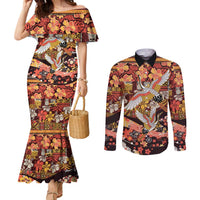 Japanese Hawaiian Crane Couples Matching Mermaid Dress and Long Sleeve Button Shirt Yellow Ochre Tapa Patchwork Pattern LT9 Yellow - Polynesian Pride