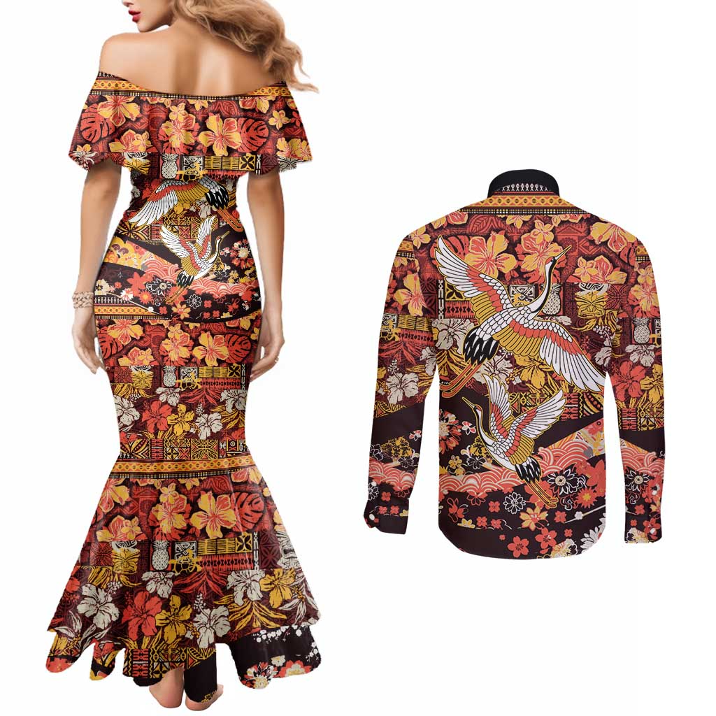 Japanese Hawaiian Crane Couples Matching Mermaid Dress and Long Sleeve Button Shirt Yellow Ochre Tapa Patchwork Pattern LT9 - Polynesian Pride