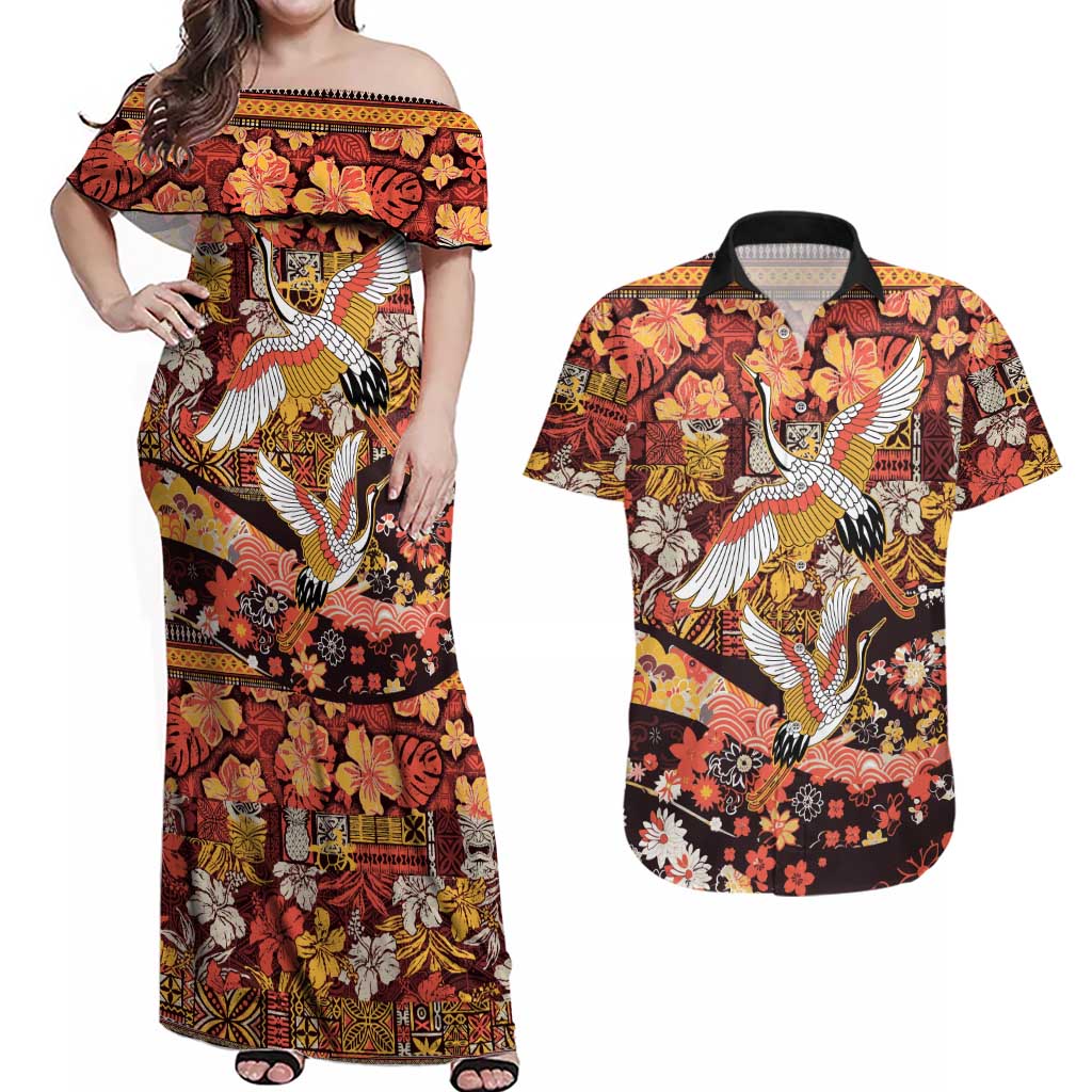 Japanese Hawaiian Crane Couples Matching Off Shoulder Maxi Dress and Hawaiian Shirt Yellow Ochre Tapa Patchwork Pattern LT9 Yellow - Polynesian Pride