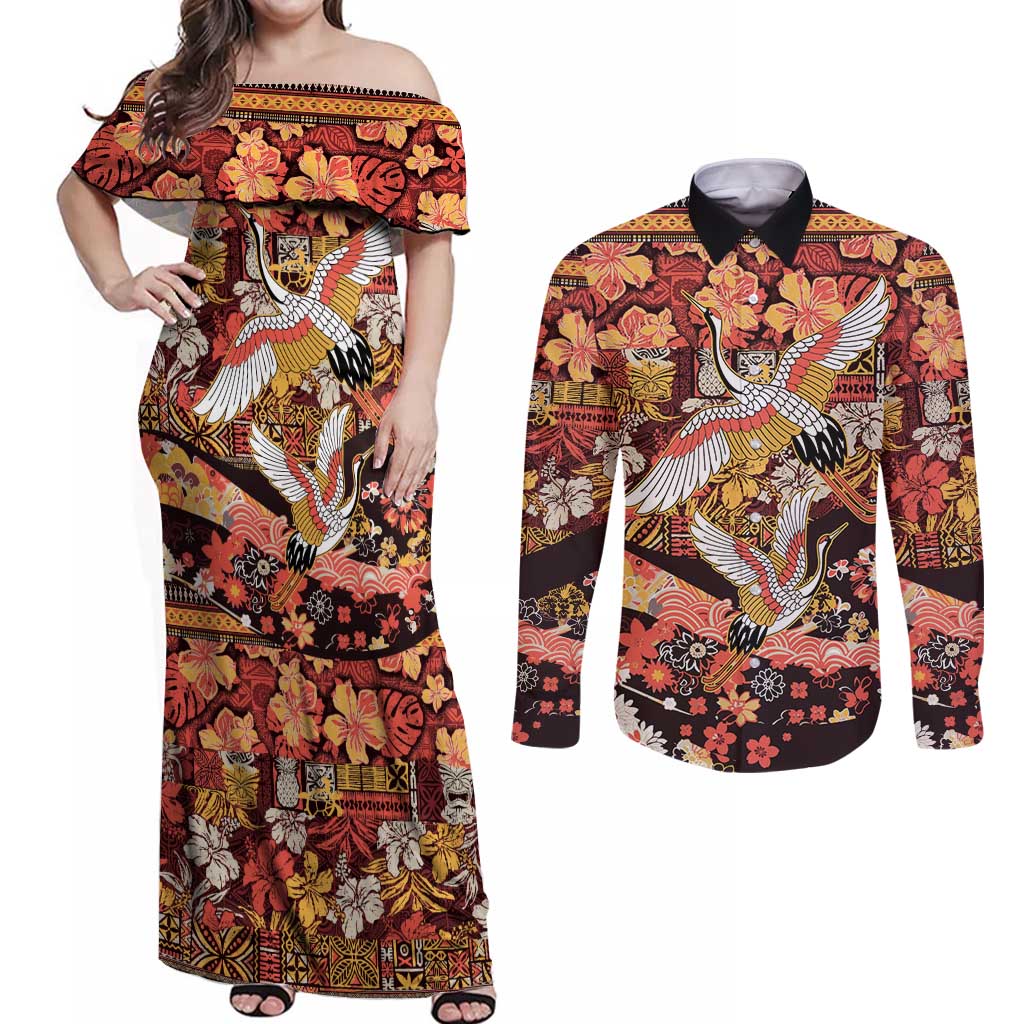 Japanese Hawaiian Crane Couples Matching Off Shoulder Maxi Dress and Long Sleeve Button Shirt Yellow Ochre Tapa Patchwork Pattern LT9 Yellow - Polynesian Pride