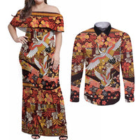 Japanese Hawaiian Crane Couples Matching Off Shoulder Maxi Dress and Long Sleeve Button Shirt Yellow Ochre Tapa Patchwork Pattern LT9 Yellow - Polynesian Pride