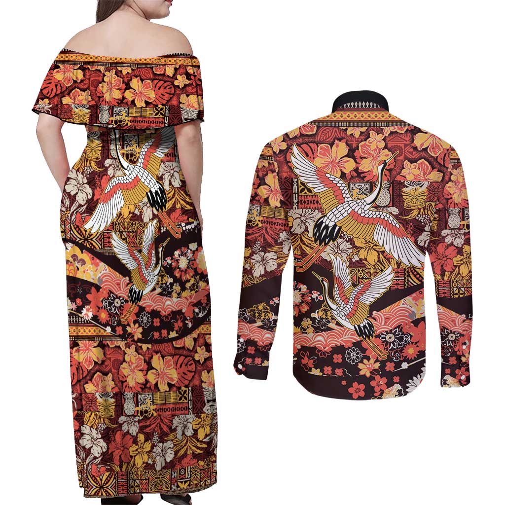 Japanese Hawaiian Crane Couples Matching Off Shoulder Maxi Dress and Long Sleeve Button Shirt Yellow Ochre Tapa Patchwork Pattern LT9 - Polynesian Pride
