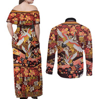 Japanese Hawaiian Crane Couples Matching Off Shoulder Maxi Dress and Long Sleeve Button Shirt Yellow Ochre Tapa Patchwork Pattern LT9 - Polynesian Pride
