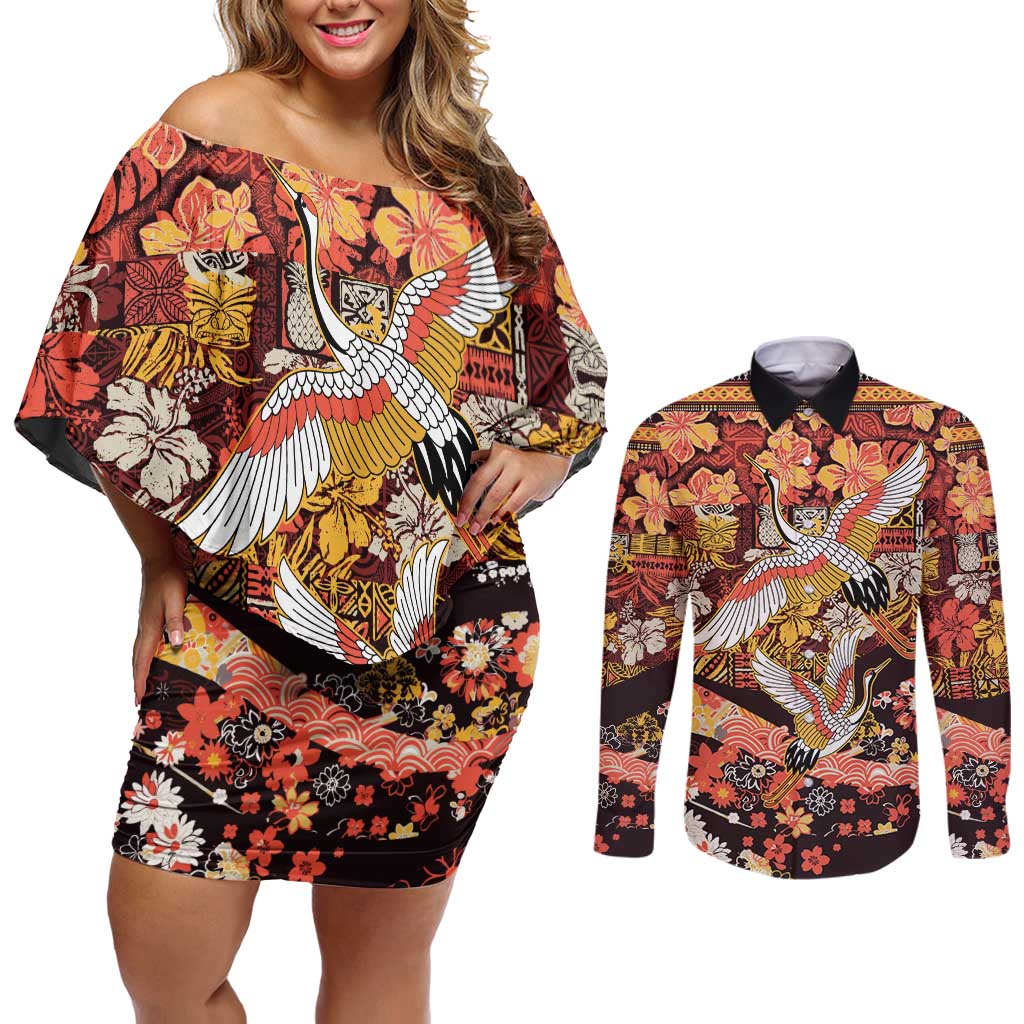 Japanese Hawaiian Crane Couples Matching Off Shoulder Short Dress and Long Sleeve Button Shirt Yellow Ochre Tapa Patchwork Pattern LT9 Yellow - Polynesian Pride