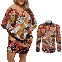 Japanese Hawaiian Crane Couples Matching Off Shoulder Short Dress and Long Sleeve Button Shirt Yellow Ochre Tapa Patchwork Pattern LT9 Yellow - Polynesian Pride