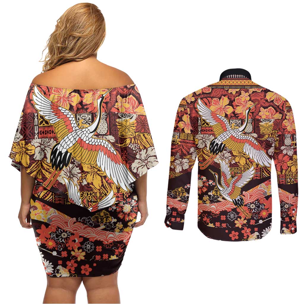 Japanese Hawaiian Crane Couples Matching Off Shoulder Short Dress and Long Sleeve Button Shirt Yellow Ochre Tapa Patchwork Pattern LT9 - Polynesian Pride