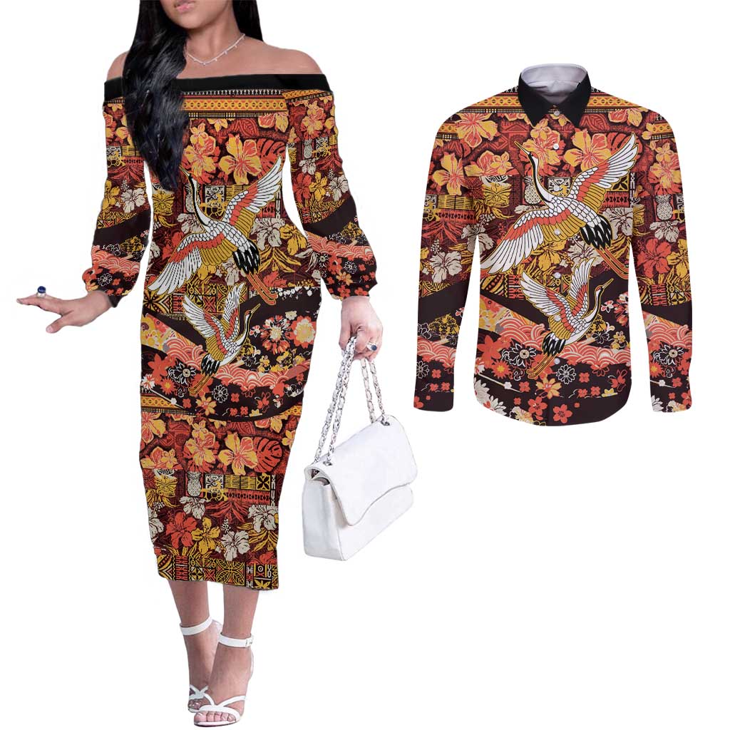 Japanese Hawaiian Crane Couples Matching Off The Shoulder Long Sleeve Dress and Long Sleeve Button Shirt Yellow Ochre Tapa Patchwork Pattern LT9 Yellow - Polynesian Pride