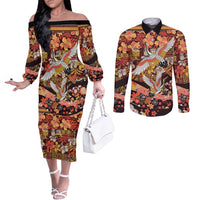 Japanese Hawaiian Crane Couples Matching Off The Shoulder Long Sleeve Dress and Long Sleeve Button Shirt Yellow Ochre Tapa Patchwork Pattern LT9 Yellow - Polynesian Pride