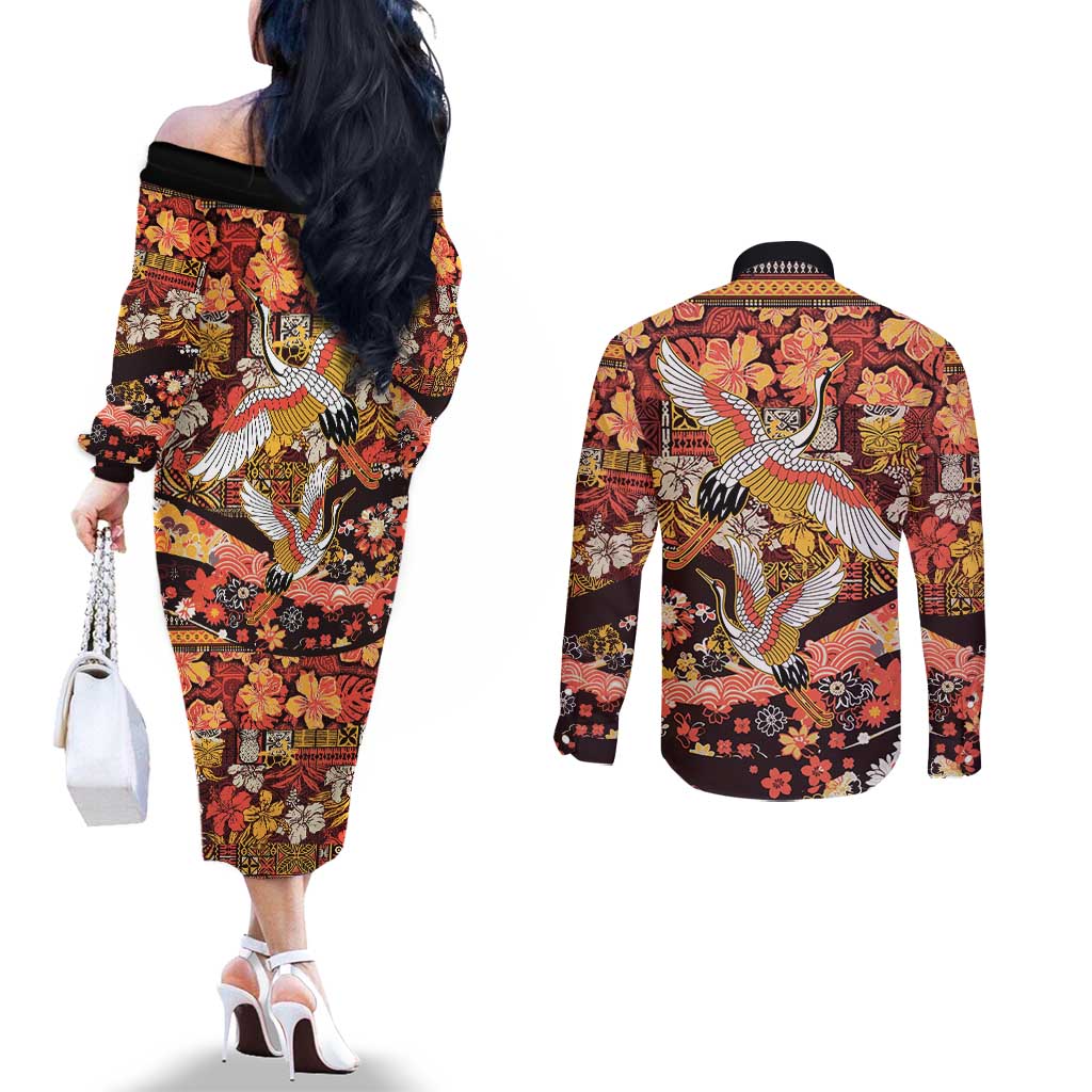 Japanese Hawaiian Crane Couples Matching Off The Shoulder Long Sleeve Dress and Long Sleeve Button Shirt Yellow Ochre Tapa Patchwork Pattern LT9 - Polynesian Pride