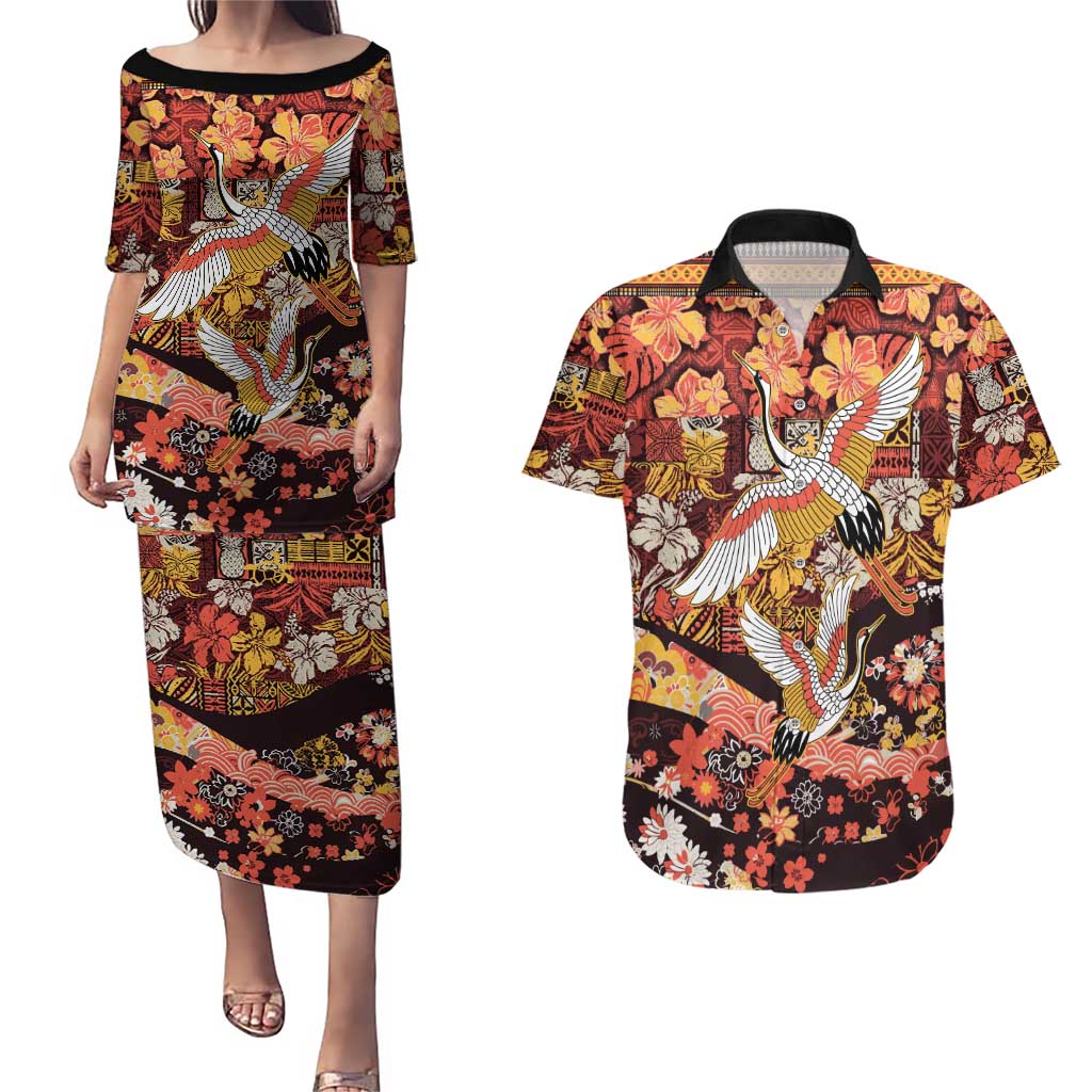 Japanese Hawaiian Crane Couples Matching Puletasi and Hawaiian Shirt Yellow Ochre Tapa Patchwork Pattern LT9 Yellow - Polynesian Pride