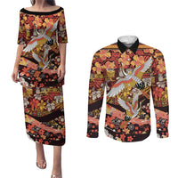 Japanese Hawaiian Crane Couples Matching Puletasi and Long Sleeve Button Shirt Yellow Ochre Tapa Patchwork Pattern LT9 Yellow - Polynesian Pride