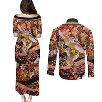 Japanese Hawaiian Crane Couples Matching Puletasi and Long Sleeve Button Shirt Yellow Ochre Tapa Patchwork Pattern LT9 - Polynesian Pride