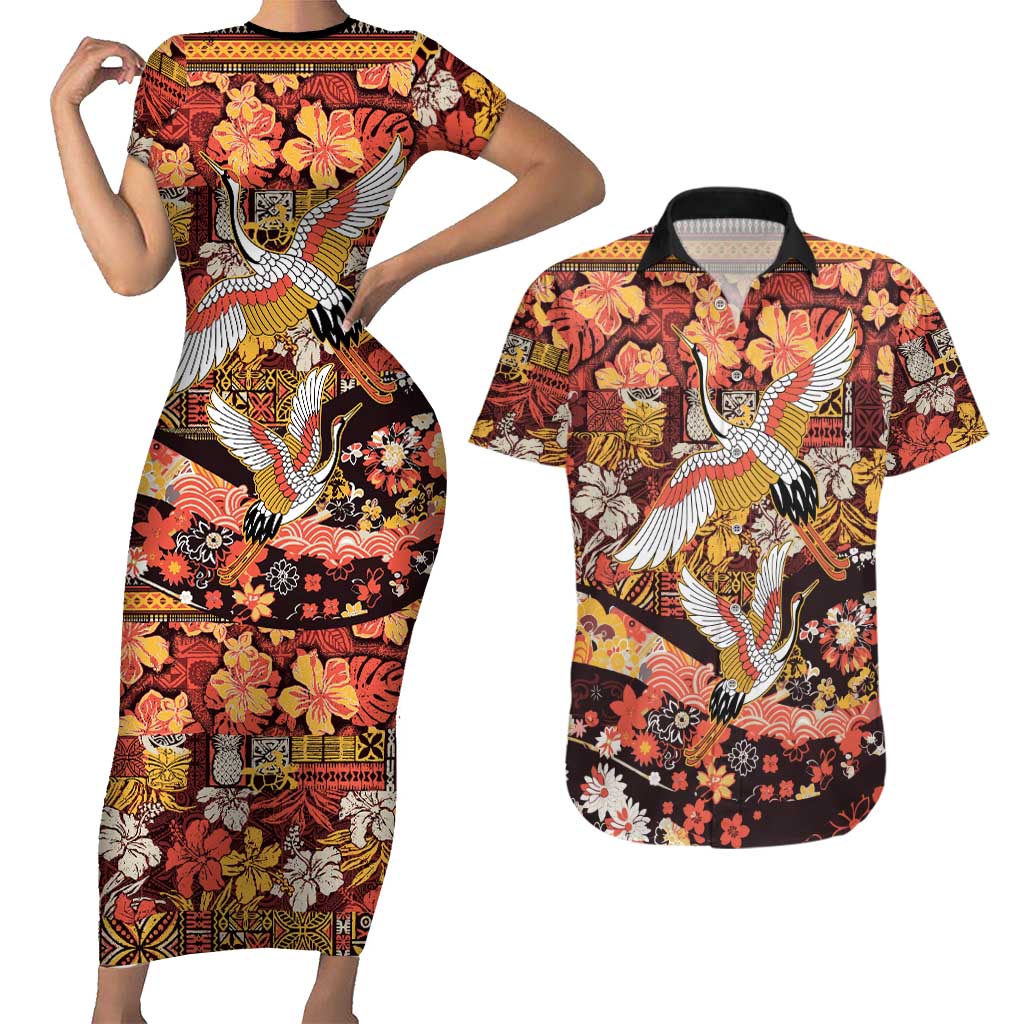 Japanese Hawaiian Crane Couples Matching Short Sleeve Bodycon Dress and Hawaiian Shirt Yellow Ochre Tapa Patchwork Pattern LT9 Yellow - Polynesian Pride