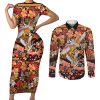 Japanese Hawaiian Crane Couples Matching Short Sleeve Bodycon Dress and Long Sleeve Button Shirt Yellow Ochre Tapa Patchwork Pattern LT9 Yellow - Polynesian Pride