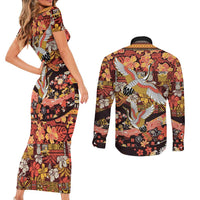 Japanese Hawaiian Crane Couples Matching Short Sleeve Bodycon Dress and Long Sleeve Button Shirt Yellow Ochre Tapa Patchwork Pattern LT9 - Polynesian Pride