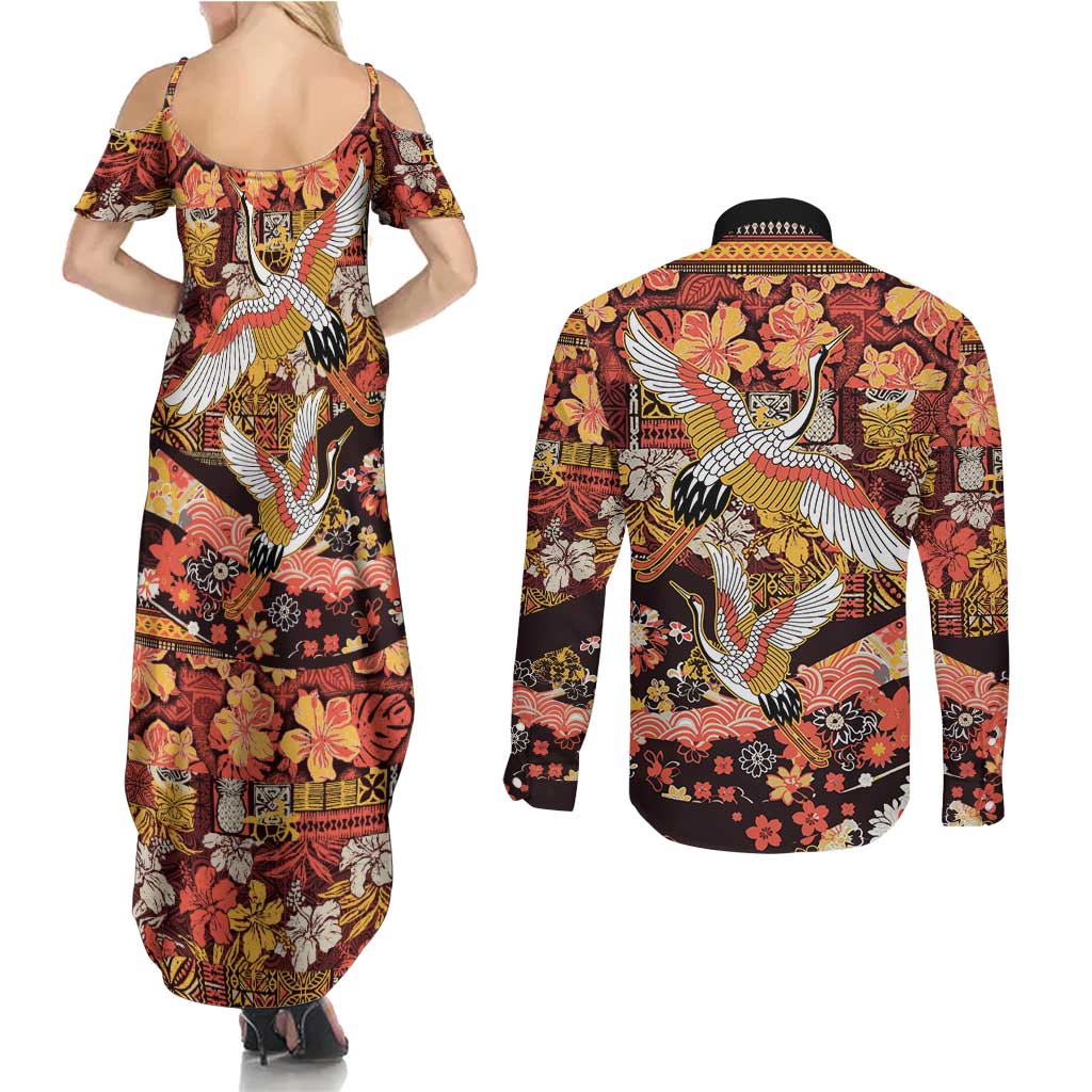 Japanese Hawaiian Crane Couples Matching Summer Maxi Dress and Long Sleeve Button Shirt Yellow Ochre Tapa Patchwork Pattern LT9 - Polynesian Pride