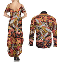 Japanese Hawaiian Crane Couples Matching Summer Maxi Dress and Long Sleeve Button Shirt Yellow Ochre Tapa Patchwork Pattern LT9 - Polynesian Pride