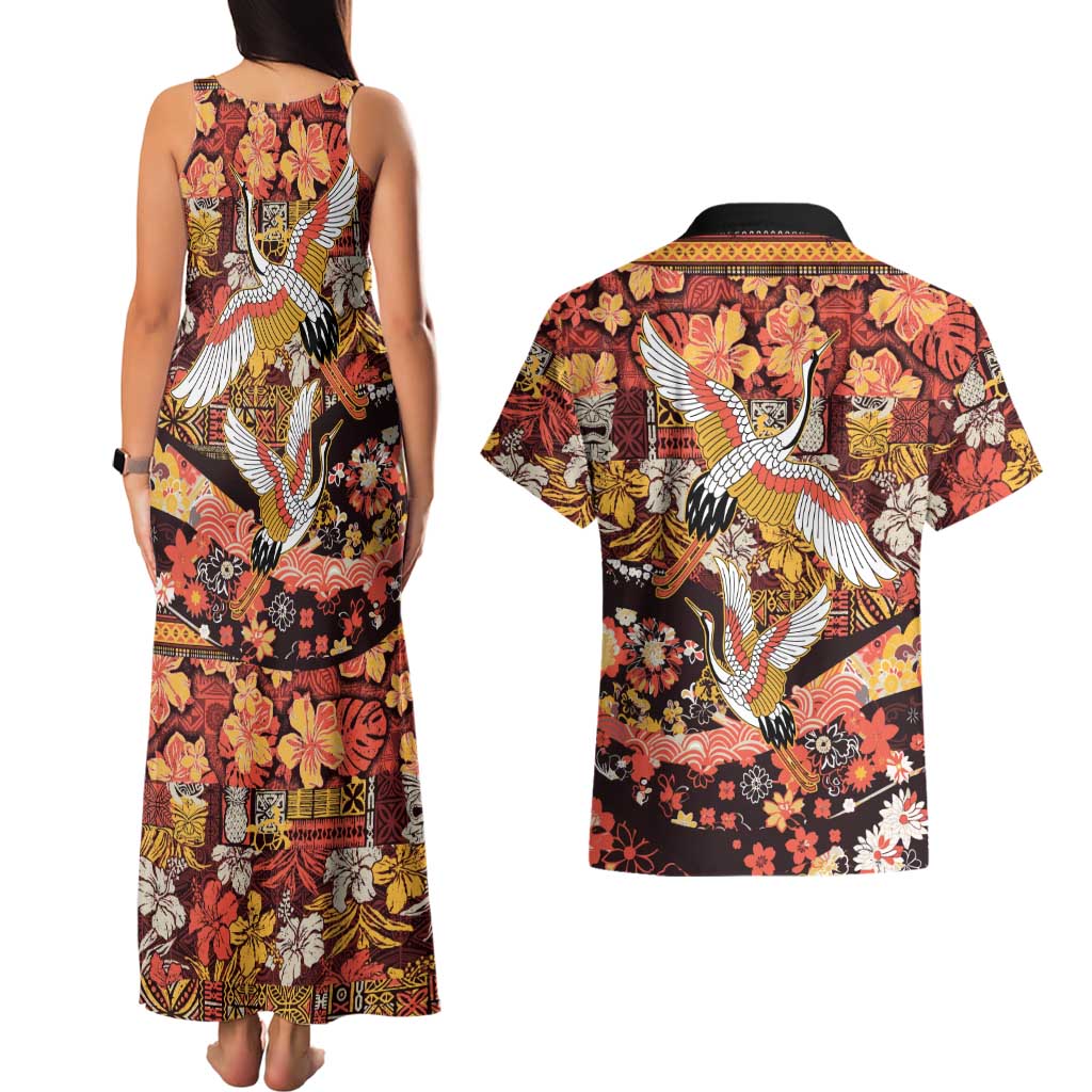 Japanese Hawaiian Crane Couples Matching Tank Maxi Dress and Hawaiian Shirt Yellow Ochre Tapa Patchwork Pattern LT9 - Polynesian Pride