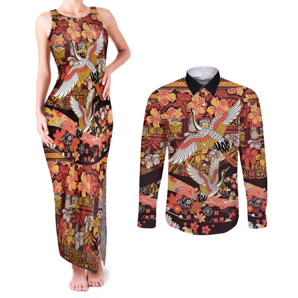 Japanese Hawaiian Crane Couples Matching Tank Maxi Dress and Long Sleeve Button Shirt Yellow Ochre Tapa Patchwork Pattern LT9 Yellow - Polynesian Pride