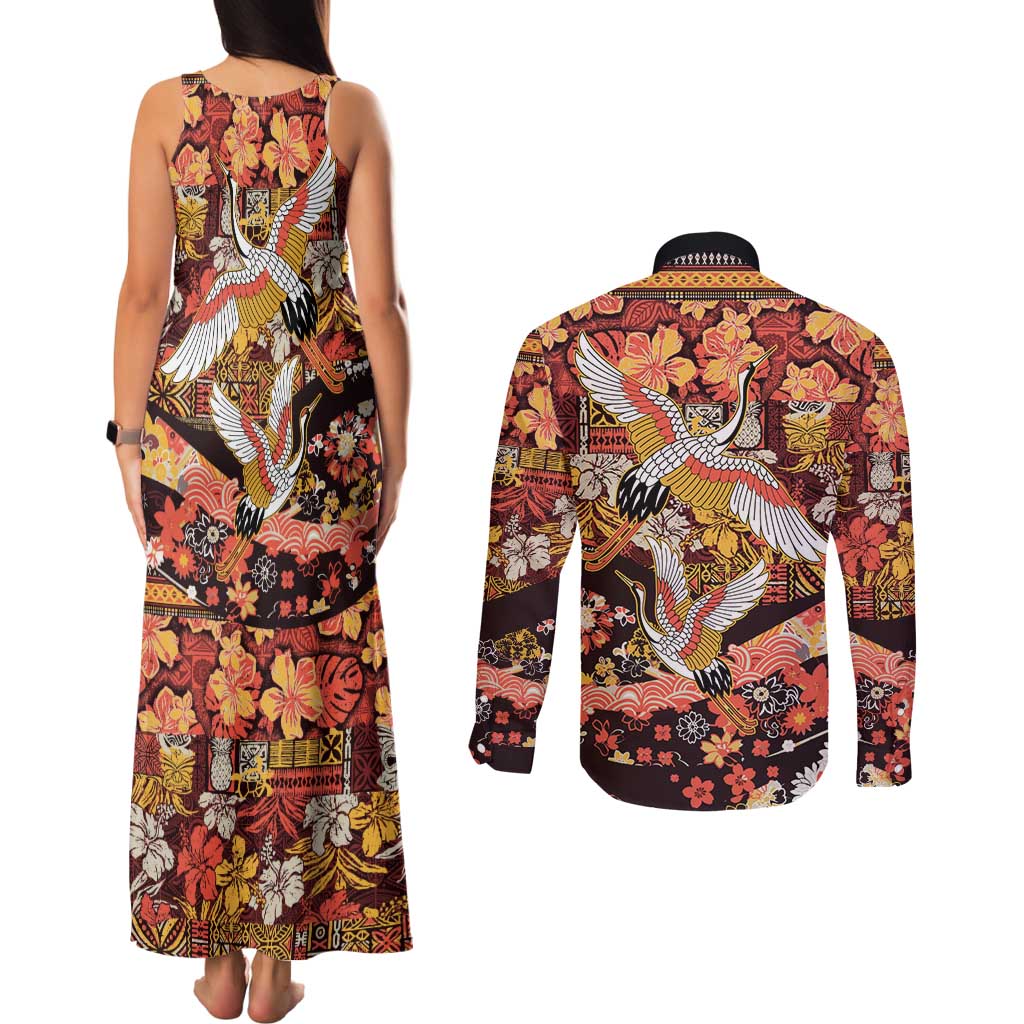 Japanese Hawaiian Crane Couples Matching Tank Maxi Dress and Long Sleeve Button Shirt Yellow Ochre Tapa Patchwork Pattern LT9 - Polynesian Pride