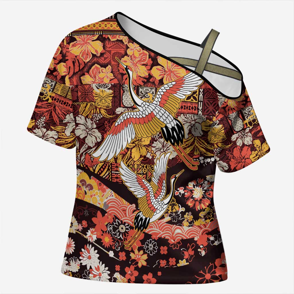 Japanese Hawaiian Crane Cross Shoulder Shirt Yellow Ochre Tapa Patchwork Pattern LT9 Female Yellow - Polynesian Pride