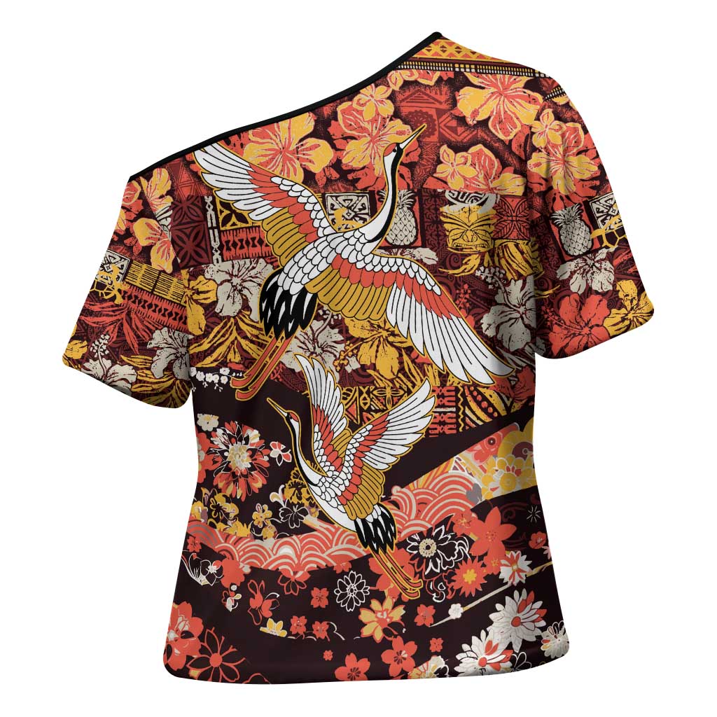 Japanese Hawaiian Crane Cross Shoulder Shirt Yellow Ochre Tapa Patchwork Pattern LT9 - Polynesian Pride