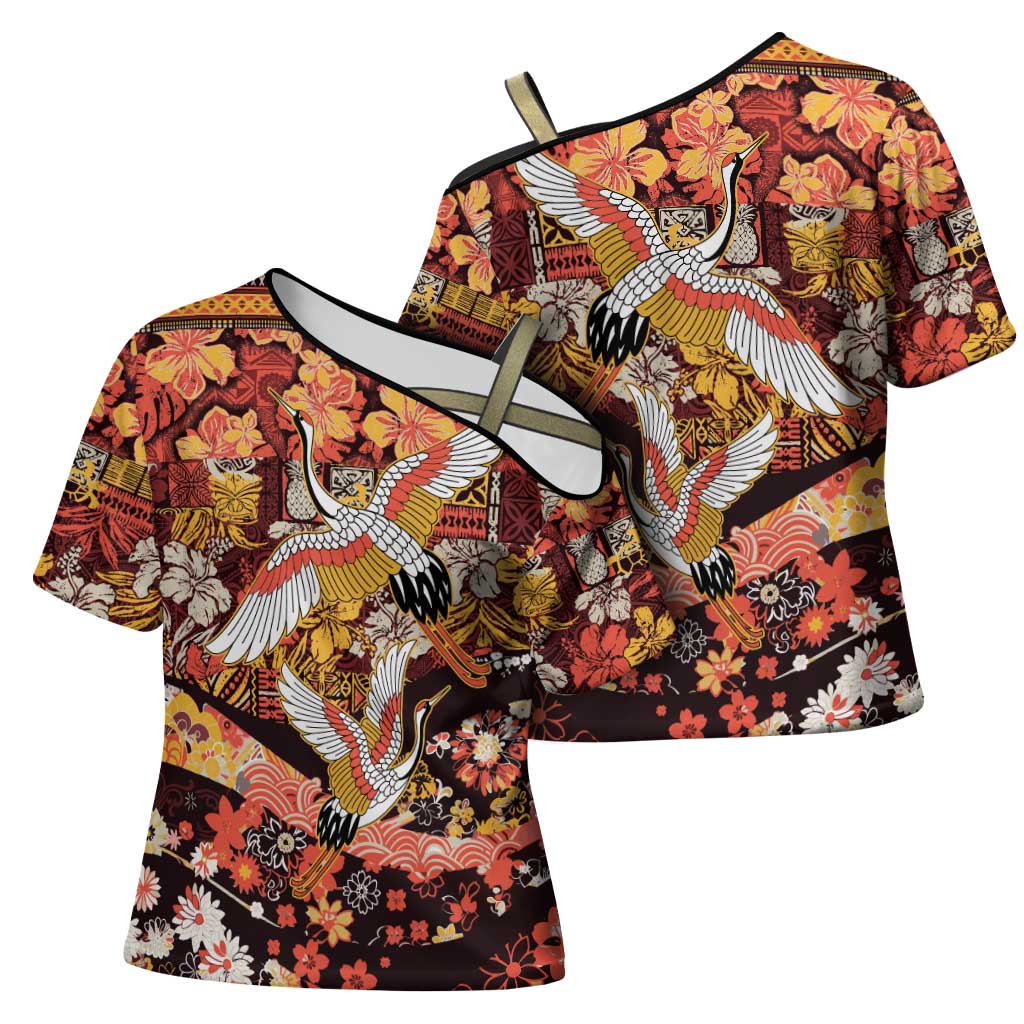 Japanese Hawaiian Crane Cross Shoulder Shirt Yellow Ochre Tapa Patchwork Pattern LT9 - Polynesian Pride