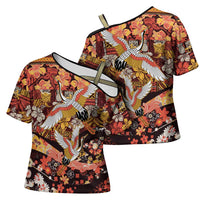 Japanese Hawaiian Crane Cross Shoulder Shirt Yellow Ochre Tapa Patchwork Pattern LT9 - Polynesian Pride