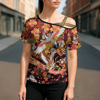 Japanese Hawaiian Crane Cross Shoulder Shirt Yellow Ochre Tapa Patchwork Pattern LT9 - Polynesian Pride