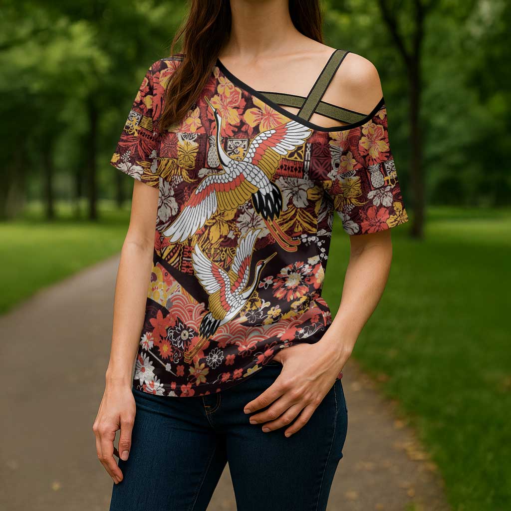 Japanese Hawaiian Crane Cross Shoulder Shirt Yellow Ochre Tapa Patchwork Pattern LT9 - Polynesian Pride