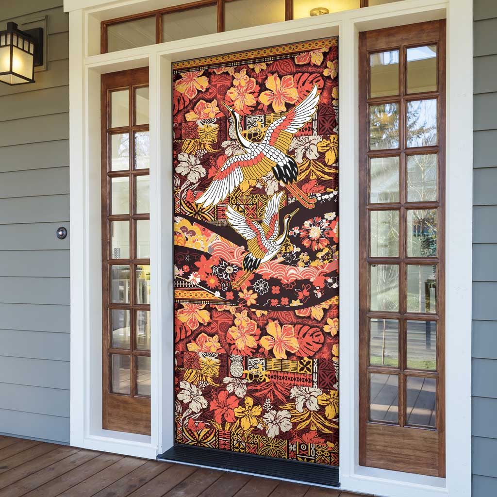 Japanese Hawaiian Crane Door Cover Yellow Ochre Tapa Patchwork Pattern LT9 - Polynesian Pride