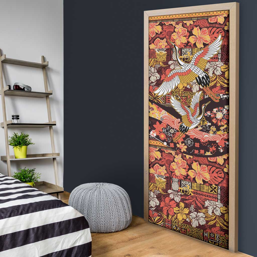 Japanese Hawaiian Crane Door Cover Yellow Ochre Tapa Patchwork Pattern LT9 - Polynesian Pride