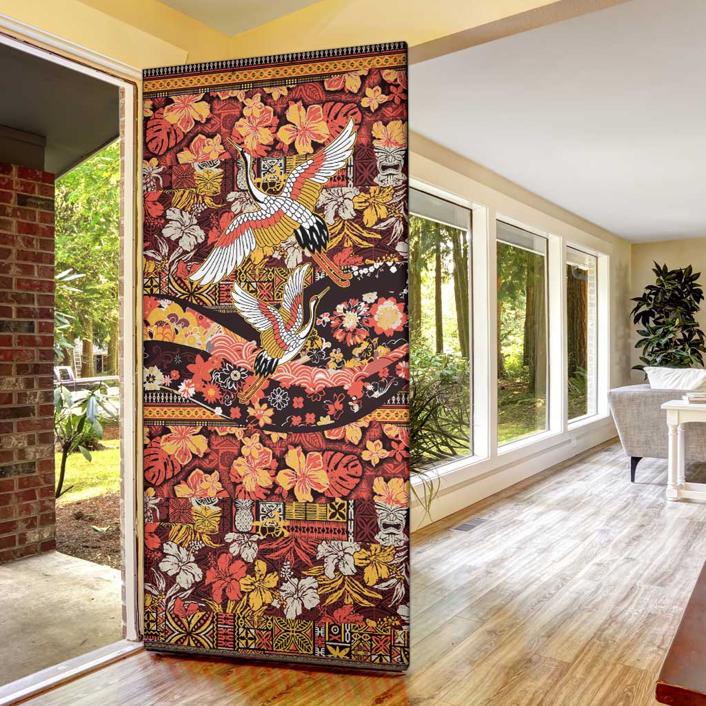 Japanese Hawaiian Crane Door Cover Yellow Ochre Tapa Patchwork Pattern LT9 - Polynesian Pride