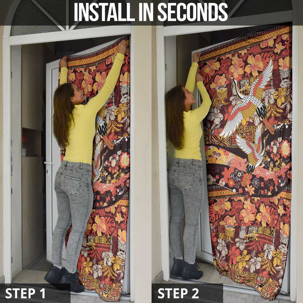 Japanese Hawaiian Crane Door Cover Yellow Ochre Tapa Patchwork Pattern LT9 - Polynesian Pride
